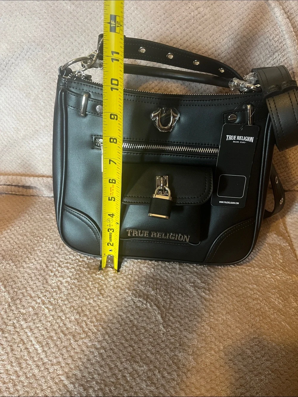True Religion Black Leather Studded Messenger Bag